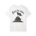 White t-shirt with black graphic design and text 'Hoist the colors' on a white background