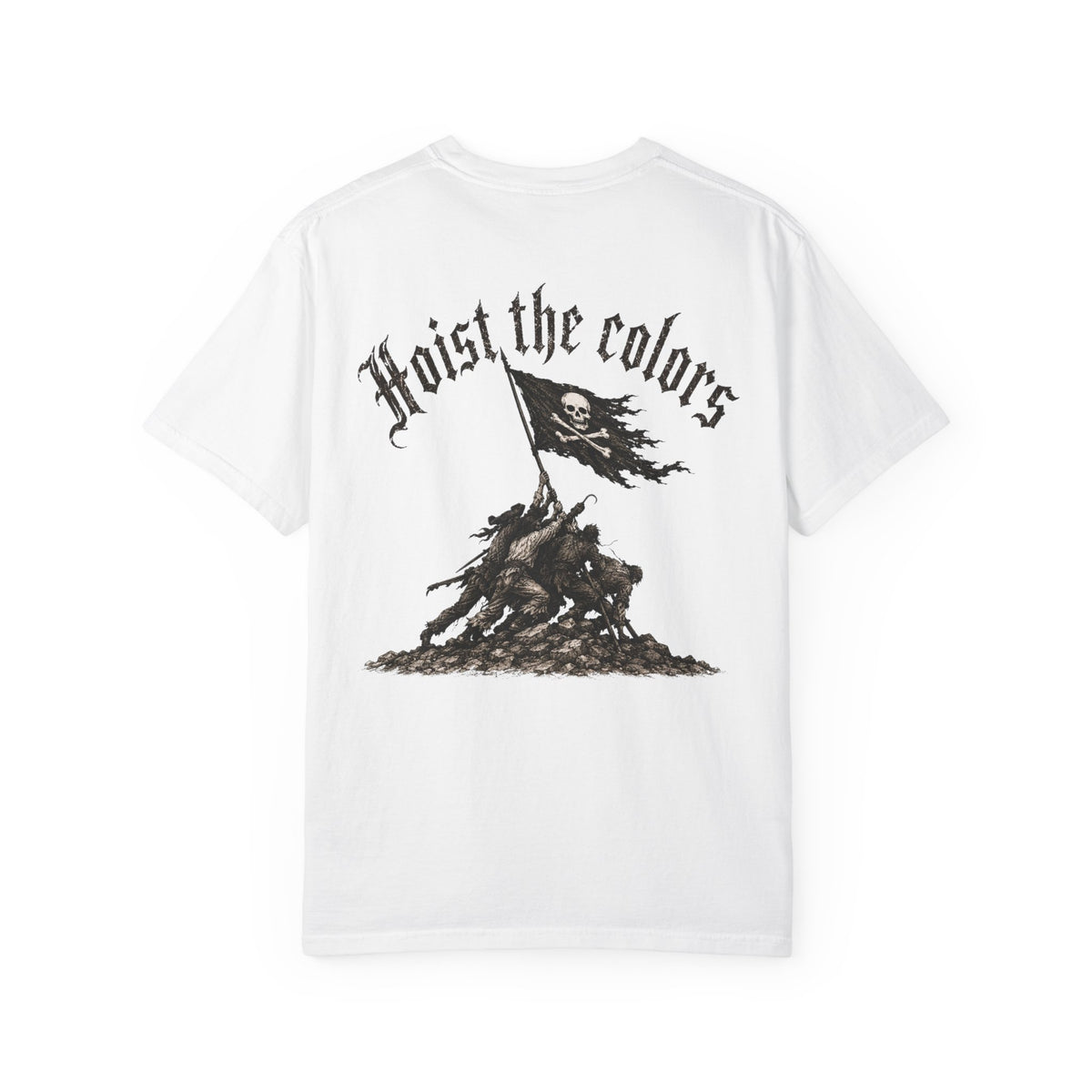 White t-shirt with black graphic design and text 'Hoist the colors' on a white background
