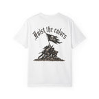 White t-shirt with black graphic design and text 'Hoist the colors' on a white background